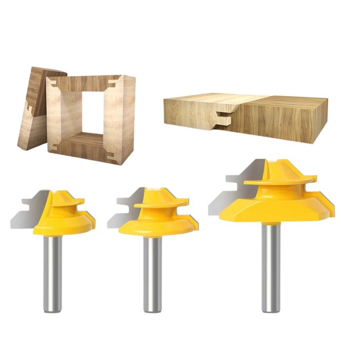 Zestaw 3szt frezów do połączeń kątowych 45st do drewna MDF trzpień 8mm