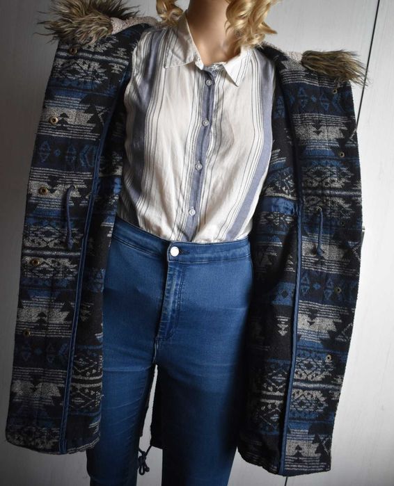 Kurtka przejściowa XS S 34 parka z kapturem aztecki zimowa długa płasz