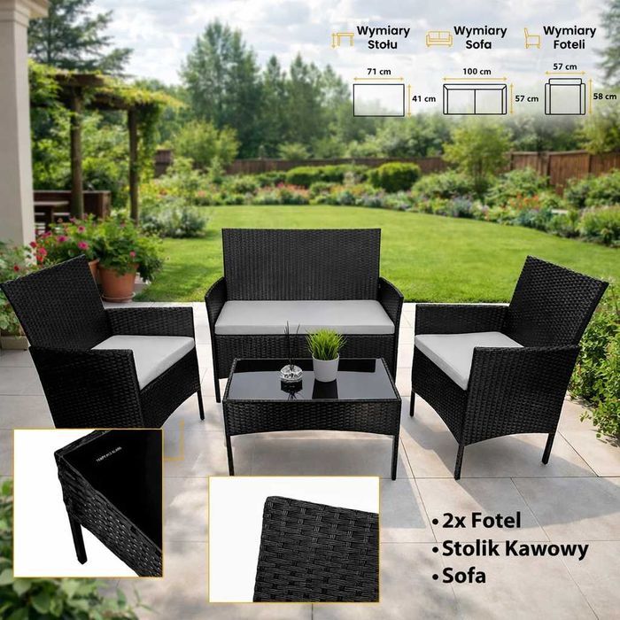 NOWE MEBLE OGRODOWE Rattanowe Balkonowe Tarasowe Zestaw Mebli Ogrodowych Sofa Ze Stołem Czarny Technorattan Komplet Do Ogrodu Na Taras OKAZJA