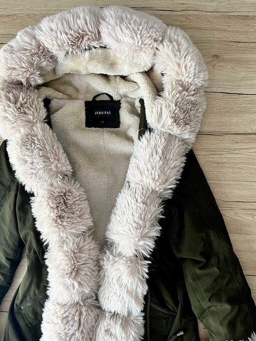 Płaszczyk kurtka zimowa z kapturem damska parka khaki Butik XL L 40 42