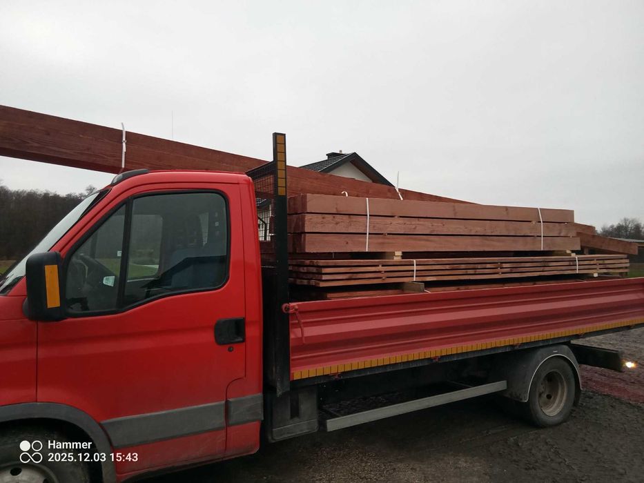 Więźba dachowa, kantówki, łaty, deski szalunkowe, transport