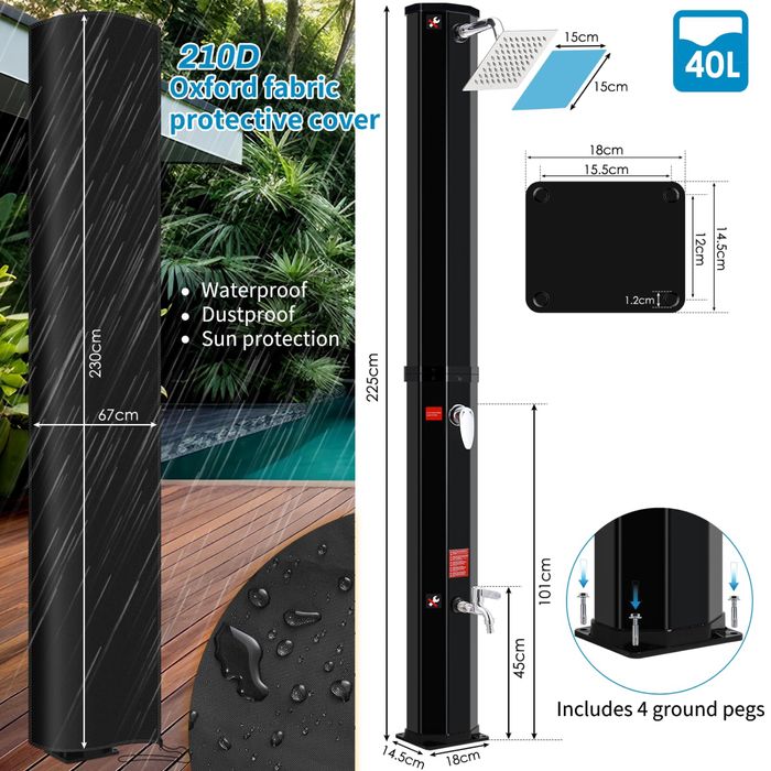 Prysznic solarny ogrodowy LIFERUN 40L, czarny, regulowana temperatura, 228 cm