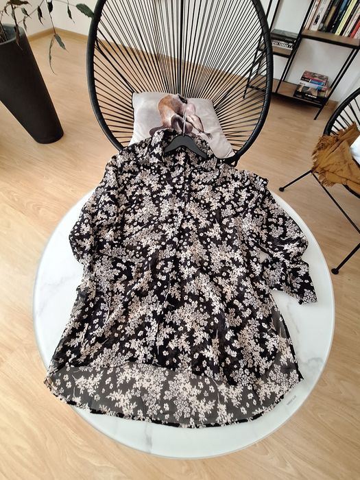 Dluga oversaizowa koszula Mango czarno kremowa,oversizowa.