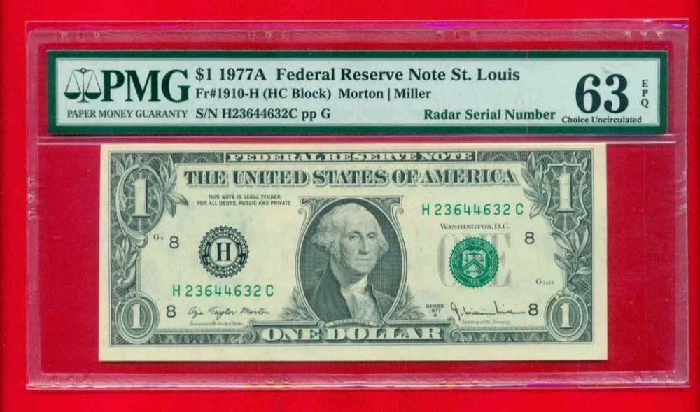 Nota 1 Dollar 1977 - PMG Unc. - Capicua FRN St. Louis - 48 anos