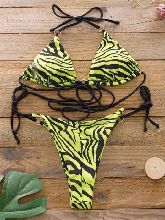 Sexy Dwuczęściowy Strój Kąpielowy BIKINI w Zebrę z Wiązaniami - S