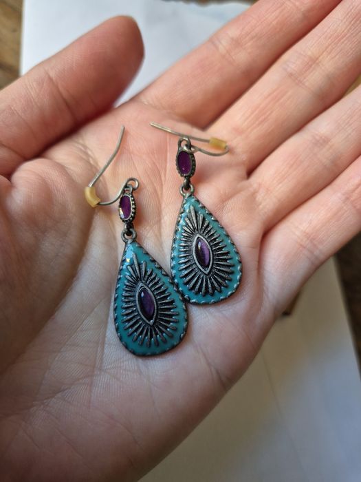 Kolczyki etniczne boho łezki niebiesko fioletowe z metalu