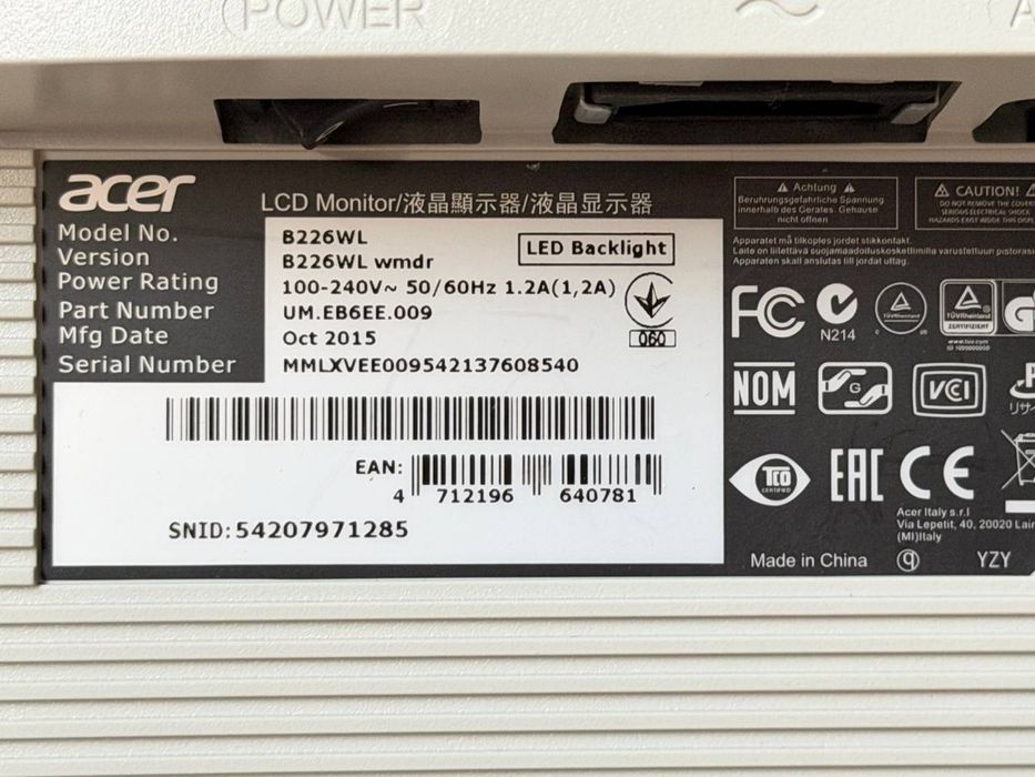 Монітор Acer / 22″ / 1680×1050 / 60 Гц