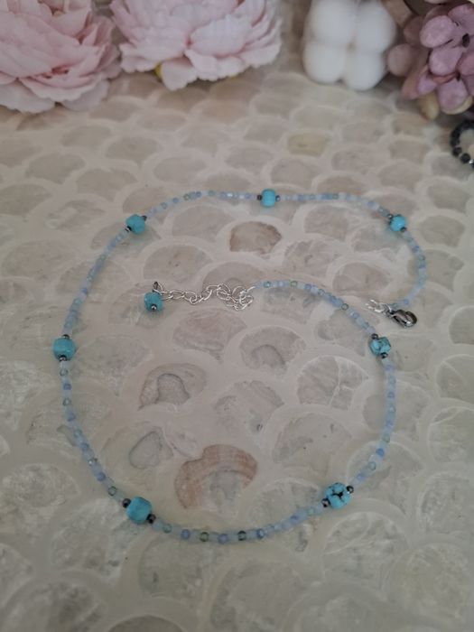 Naszyjnik handmade z naturalnych kamieni hematyt cyjanit turkus agat