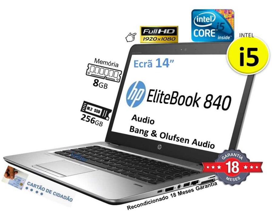Portátil HP 840 | CPU i5 | Mem 8GB | SSD 256GB | Ecrã 14p FHD | Win 10