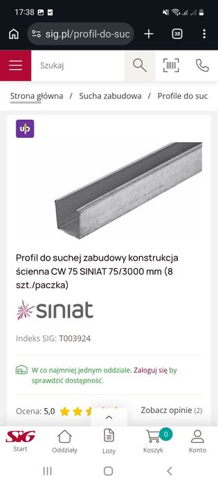 Profil cw75/ c75 długość 3m siniat, gr 0.6 -32szt , ua75 -6 szt. sucha
