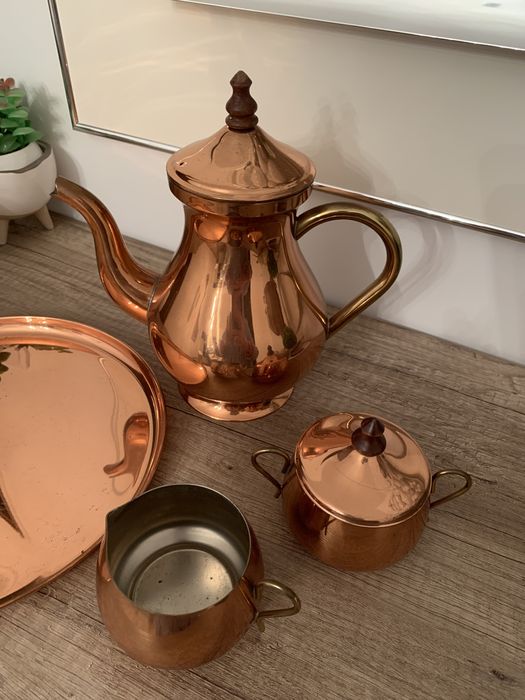 Bule, tabuleiro e peças (4) em cobre vintage Odi Made in Portugal