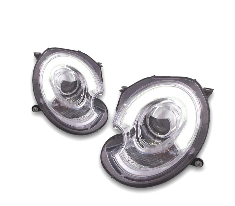 FARÓIS FRONTAIS MINI COOPER R56 R57 06-10 XENON TUBE LIGHT FUNDO CROMADO