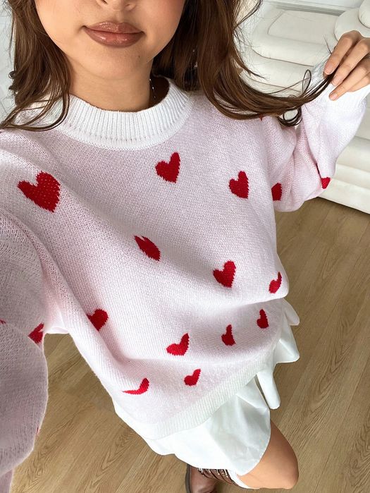 Sweter oversize różowy w serduszka okrągły dekolt dzianinowy SHEIN XXL