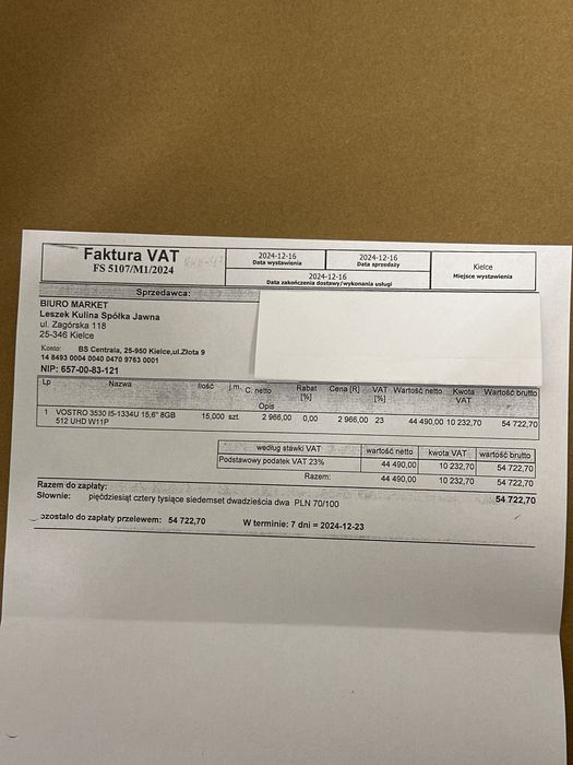 Dell Laptop Vostro 15 (3530) Win11Pro i5-1334U/8GB/512GB / Nowy!