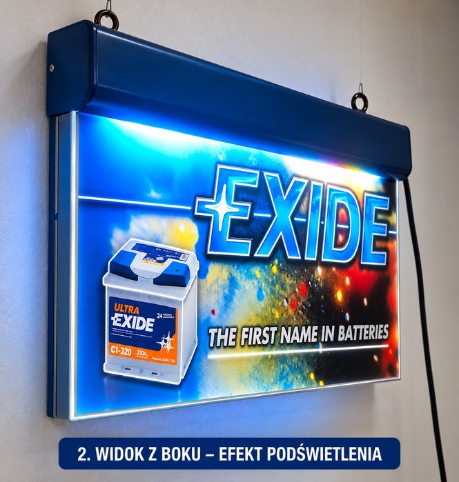 Kaseton podświetlany, szyld reklamowy EXIDE 64×38 cm – stan jak nowy – 230 V