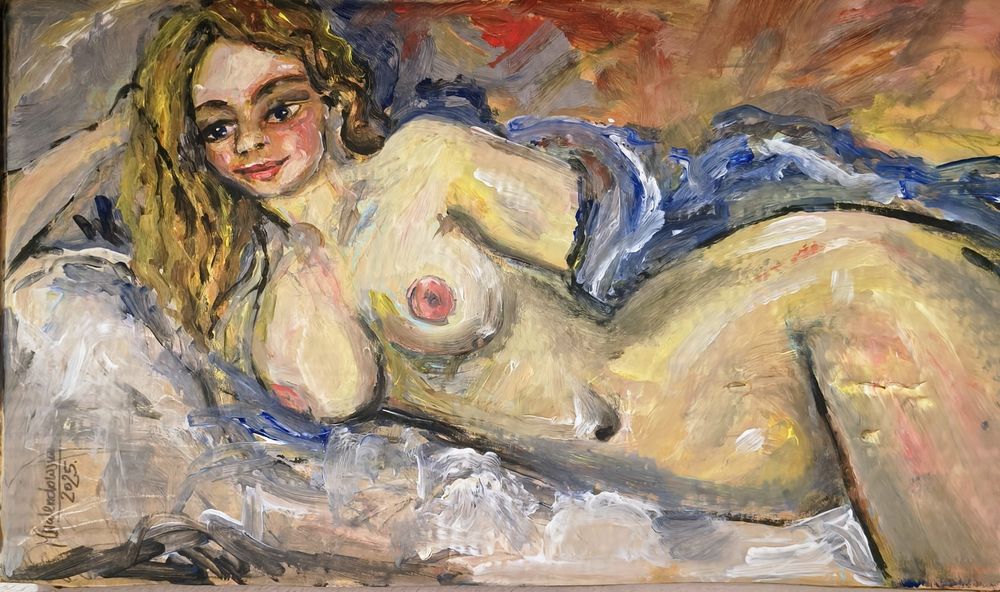 Odpoczynek — ręcznie malowany akt leżący