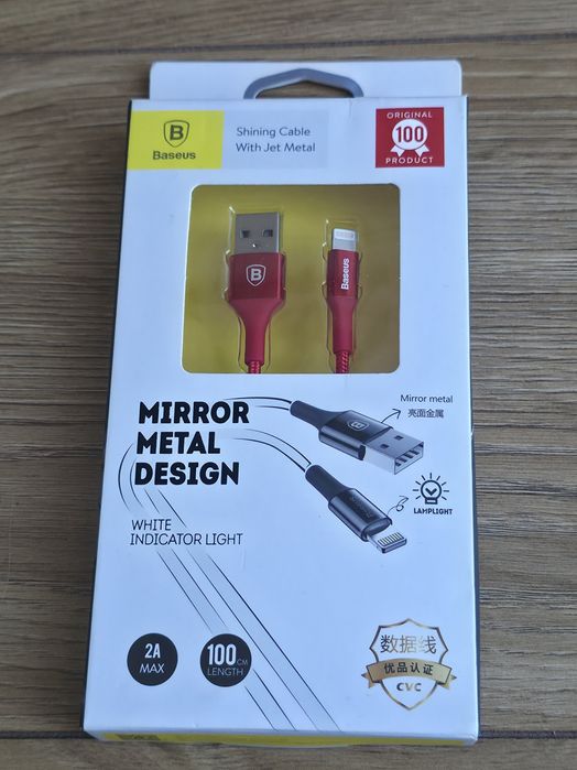 Kebel Baseus Mirror Metal iPhone 100cm Czerwony  z podświetleniem Wroc