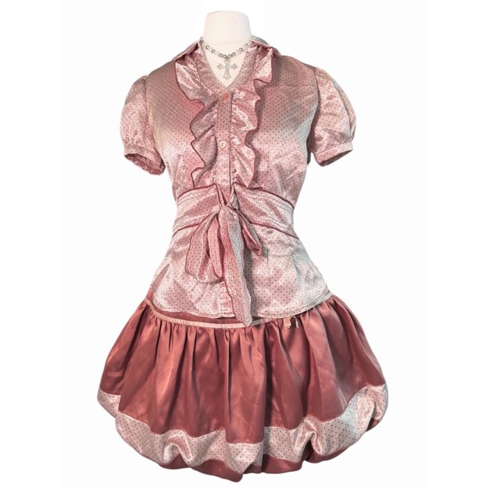 Komplet różowy satynowy spódnica bubble koszula lolita harajuku polka