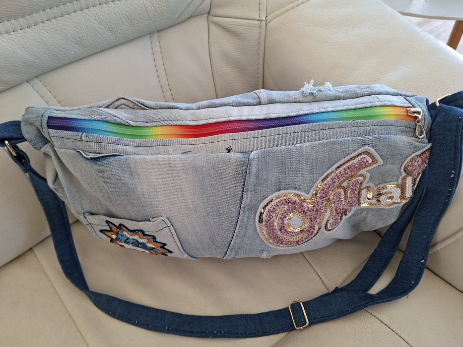 Nowa torba z recykla jeans z naszywkami handmade