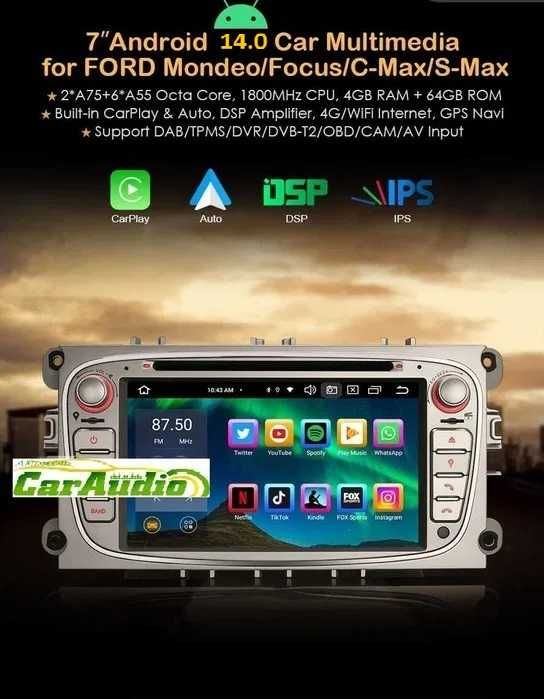 Auto-rádio 2 din android 14 Ford Galaxy Kuga Focus Fiesta Transit