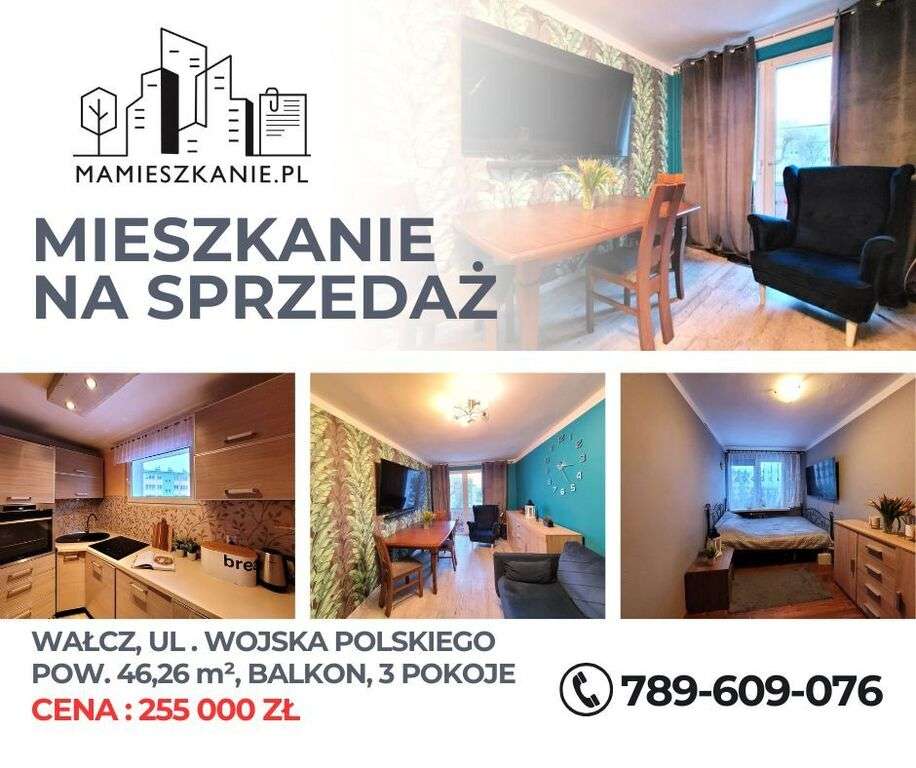 Na sprzedaż mieszkanie, 3 pokoje, 2 piętro, Wałcz