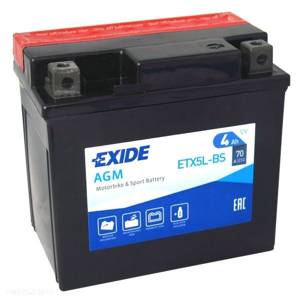 Akumulator motocyklowy EXIDE ETX5L-BS YTX5L-BS 12V 4Ah 70A EN P+ - 1
