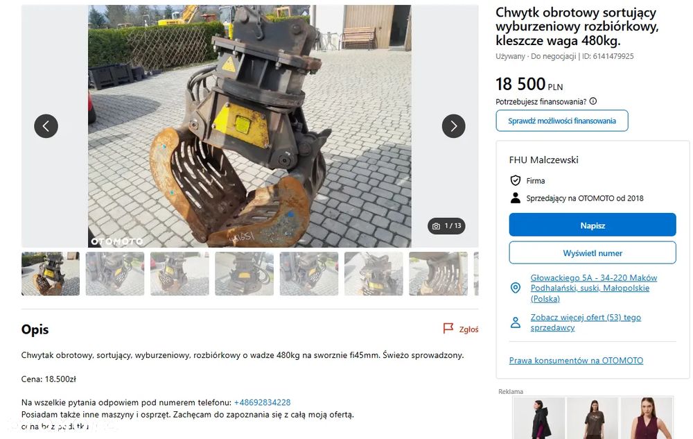 Arden S1201 na 2 siłownikach, chwytak hydrauliczny obrotowy sortujący wyburzeniowy kleszcze, waga 1220kg. - 5