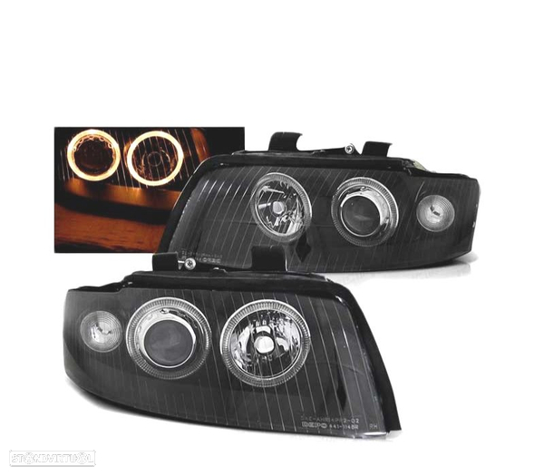 FARÓIS FRONTAIS XENON + ANGEL EYES PARA AUDI A4 00-04 PRETO