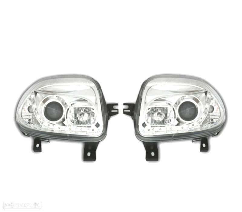 FARÓIS FRONTAIS RENAULT CLIO 98-01 LUZ DIURNA LED FUNDO CROMADO - 1