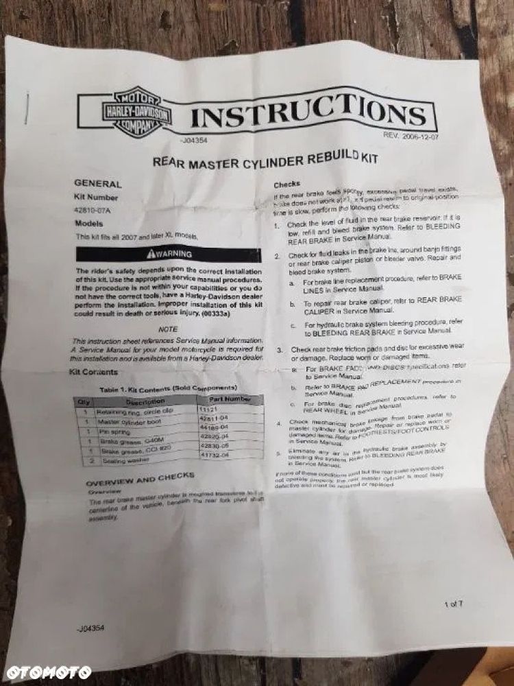 Zestaw naprawczy pompy hamulcowej Harley Davidson Sportster 42810-07A - 6