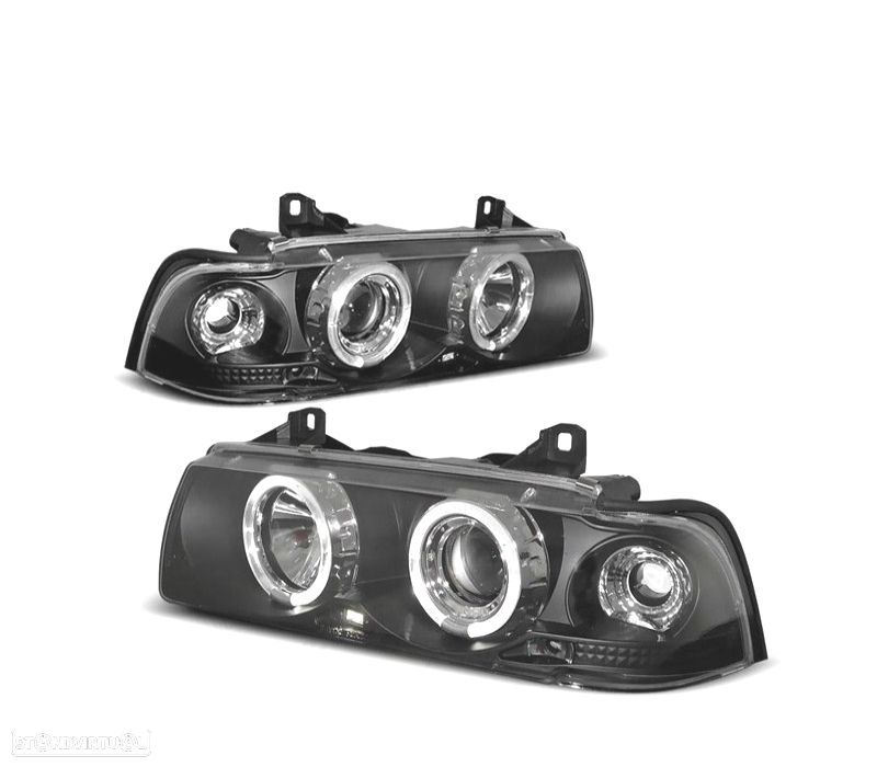 FARÓIS BMW E36 90-99 ANGEL EYES FUNDO PRETO - 1