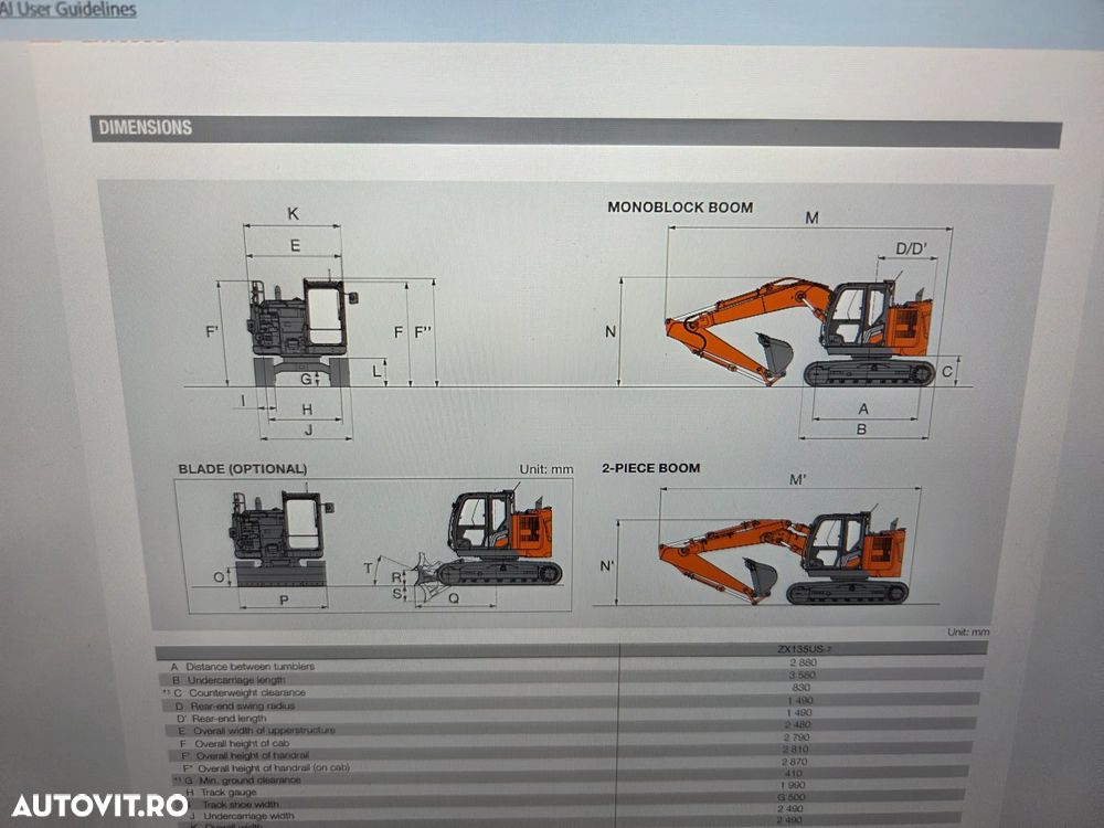 Hitachi ZX135-7, NOU, 2025, COMPACT-rotire gabarit senile, LAMA NIVELARE, Adancime sapaare 6m, Inst picon, camera spate, camere laterale, Consum 6l/h, Masa operationala 16t, Cupa 1,2m latime, Ridica 9t, latime 2,49m, leasing 5 ani ,PROMOTIE 133.900 Eur+Tva - 34
