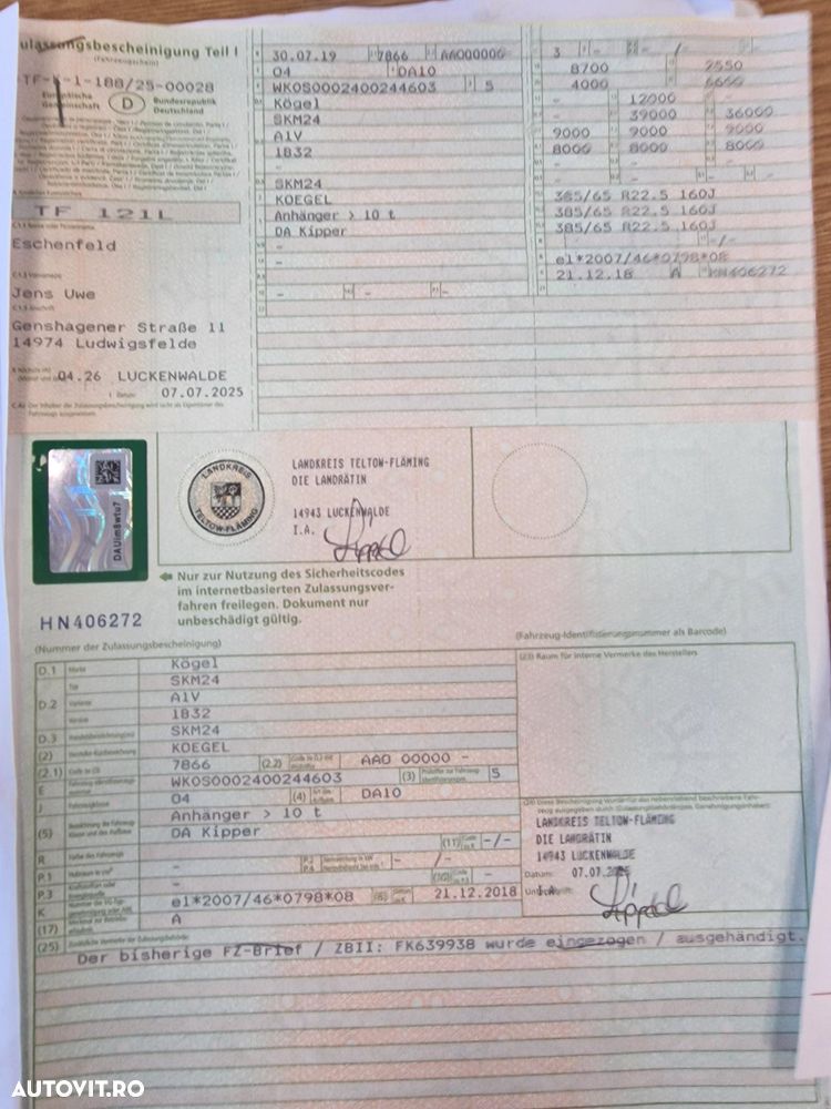 Kögel 28mc, 2019, axe SAF, axa liftabila, frane disc, rulata in GERMANIA, scena vizitare, prelata, janta aluminiu doar 6,6t, picioare sprijin, cilindry Hyva, posibilitate leasing 3 ani, anv 70% bune-PROMOTIE 19.900 EUR+Tva - 5