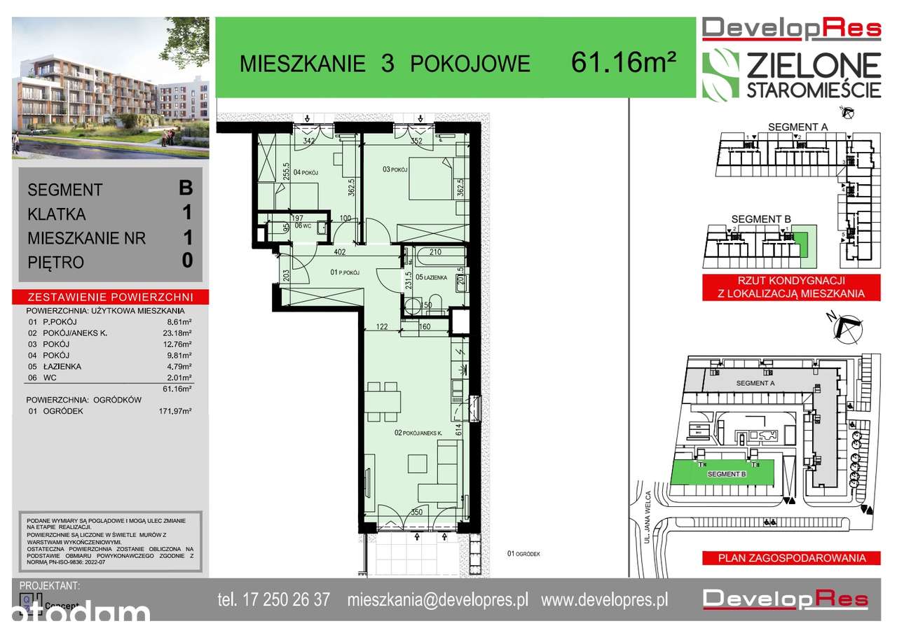 3 pokoje z ogródkiem, 61,16m2 | B-1