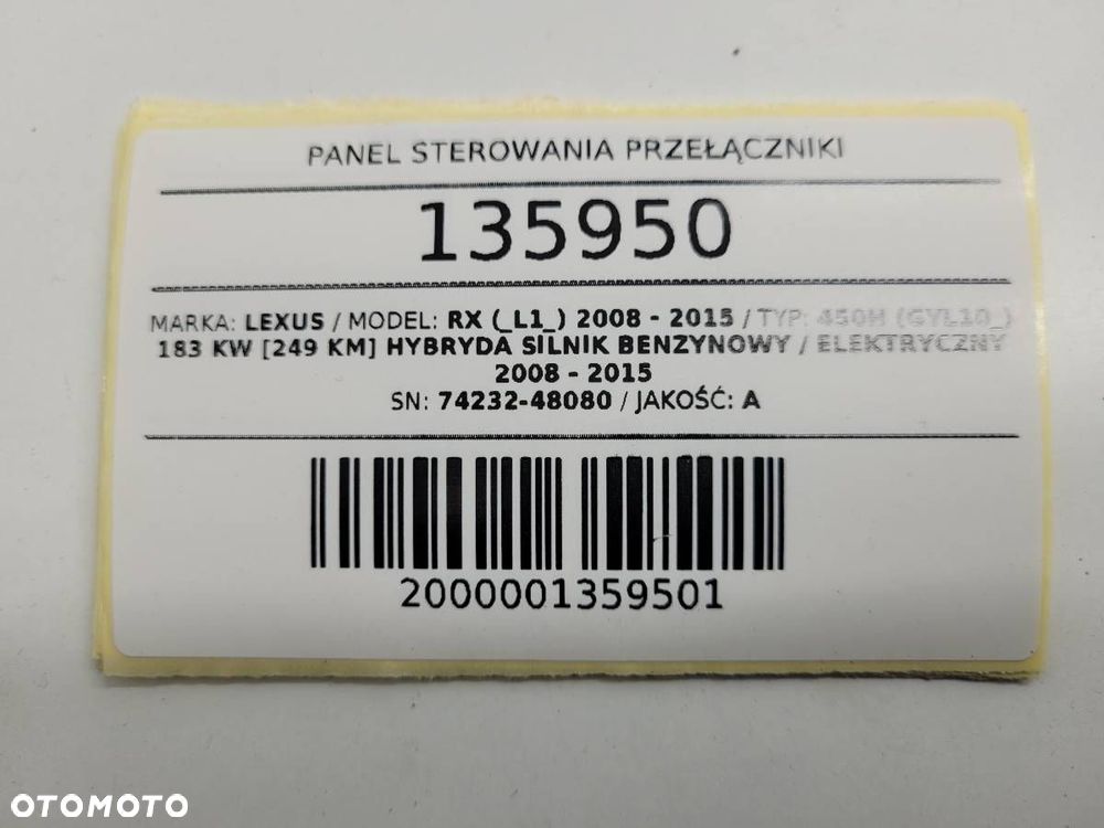 PANEL PRZEŁĄCZNIKI SZYB LEXUS RX 450H 2014 EUROPA 74232-48080 - 9