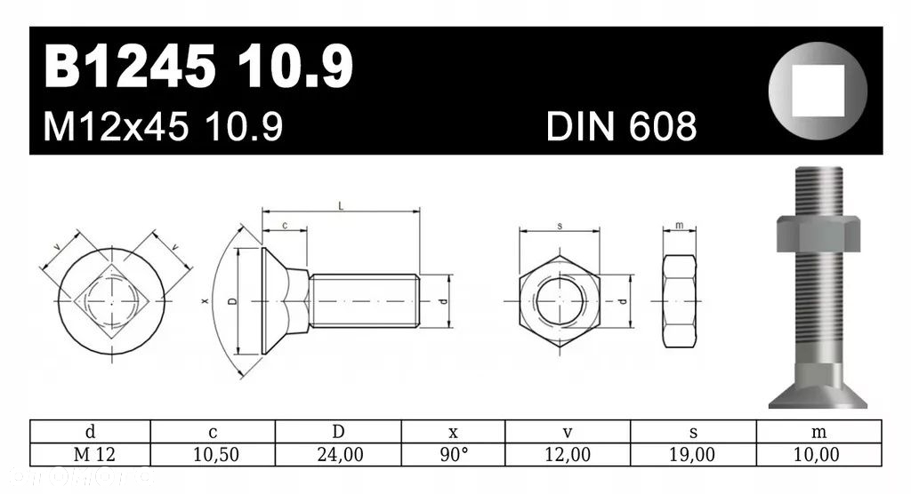 ŚRUBA PŁUŻNA B1245 M12x45 10.9 DIN608 - 2