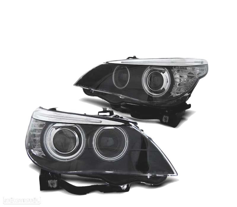FARÓIS BMW E60 E61 05-07 ANGEL EYES CCFL BLACK PRETO - 1