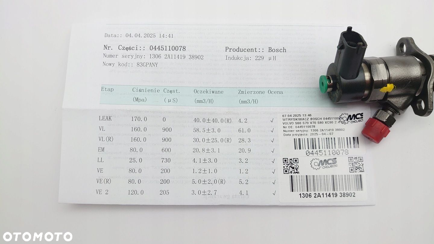 WTRYSKIWACZ BOSCH 0445110078 VOLVO S60, V70, S80, 2.4 D5 SPRAWDZONY - 6