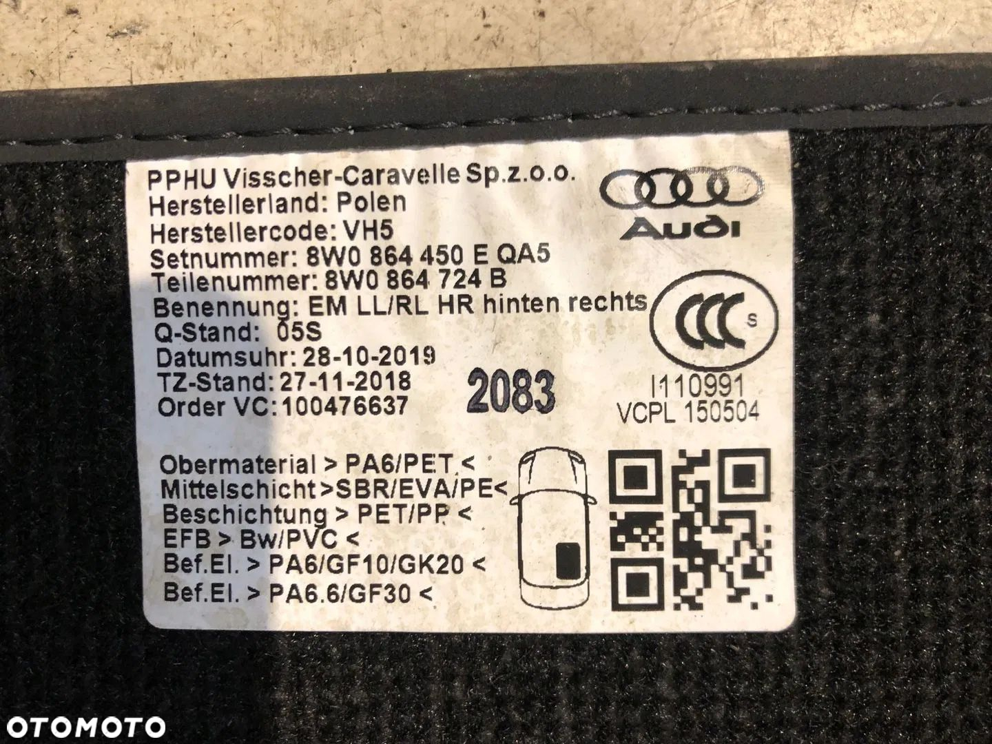 DYWANIKI WELUROWE AUDI A4 B9 AVANT ORYGINALNE KOMPLET - 11