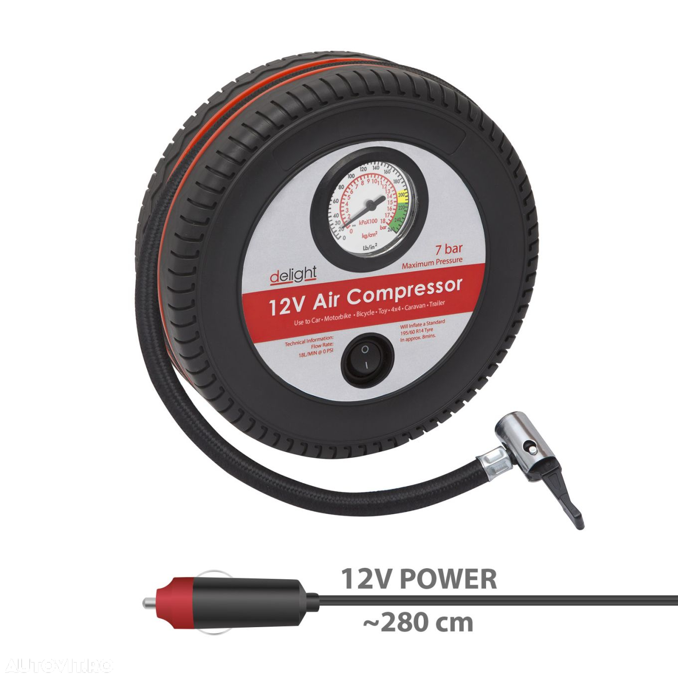 Compresor auto Delight 12V Compact cu manometru 7 bari - 4