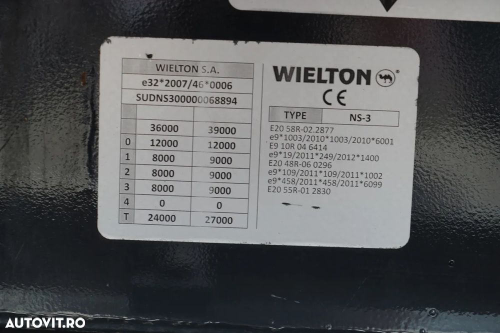 Wielton CORTINĂ STANDARD / REMORCA DIN OȚEL - 9 M / AXĂ CULISANTĂ / SAF / ACOPERIȘ CULISANT - 26