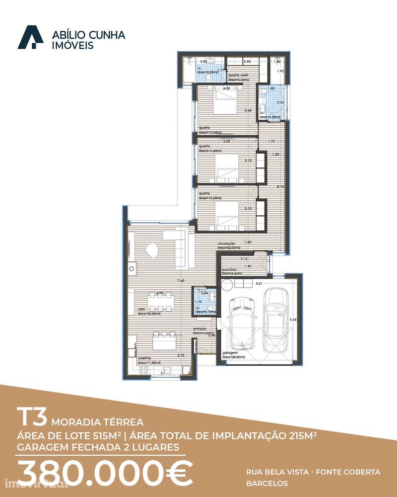 Moradia Térrea T3 com Garagem Dupla | Lote 515 m² | Fonte Coberta - Grande imagem: 2/2