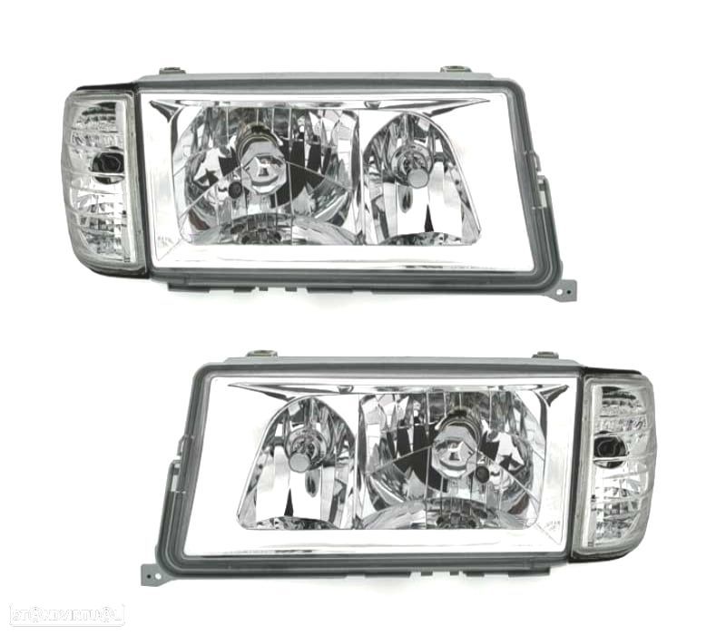 FARÓIS FRONTAIS + PISCAS MERCEDES 190 CLASSE C W201 FUNDO CROMADO - 1
