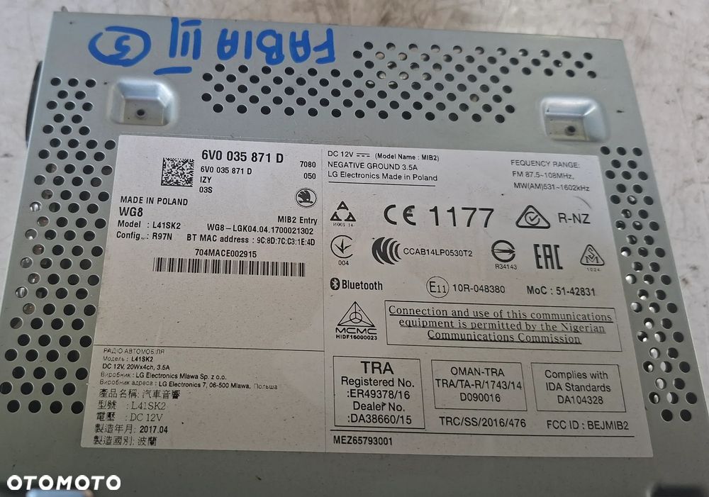 SKODA FABIA III 14- HB 5D RADIO FABRYCZNE CD 6V0035871D - 2