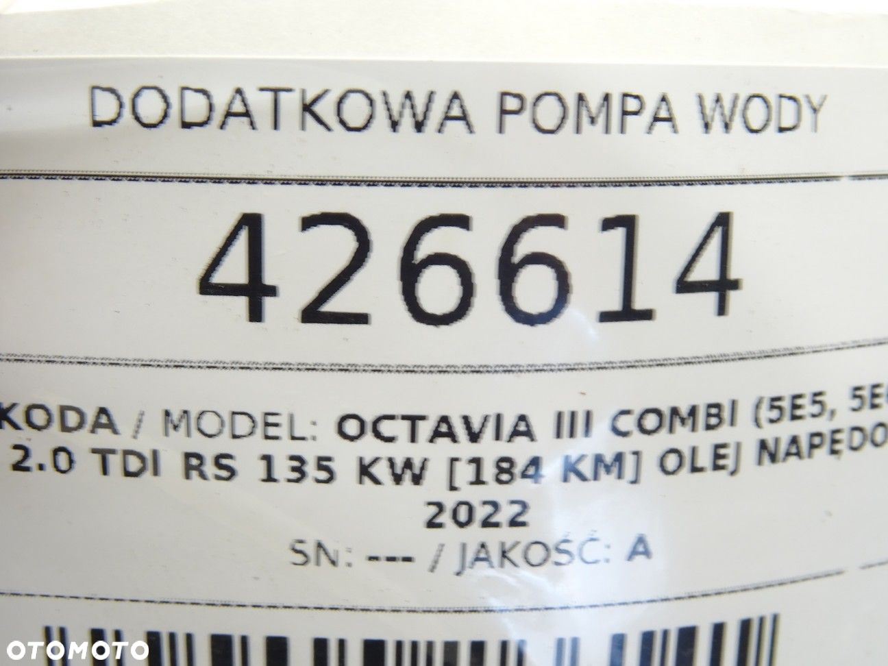 DODATKOWA POMPA WODY - 86.00 PLN - SKODA OCTAVIA III Combi (5E5, 5E6) 2012 - 2022 2.0 TDI RS 135 kW - 5