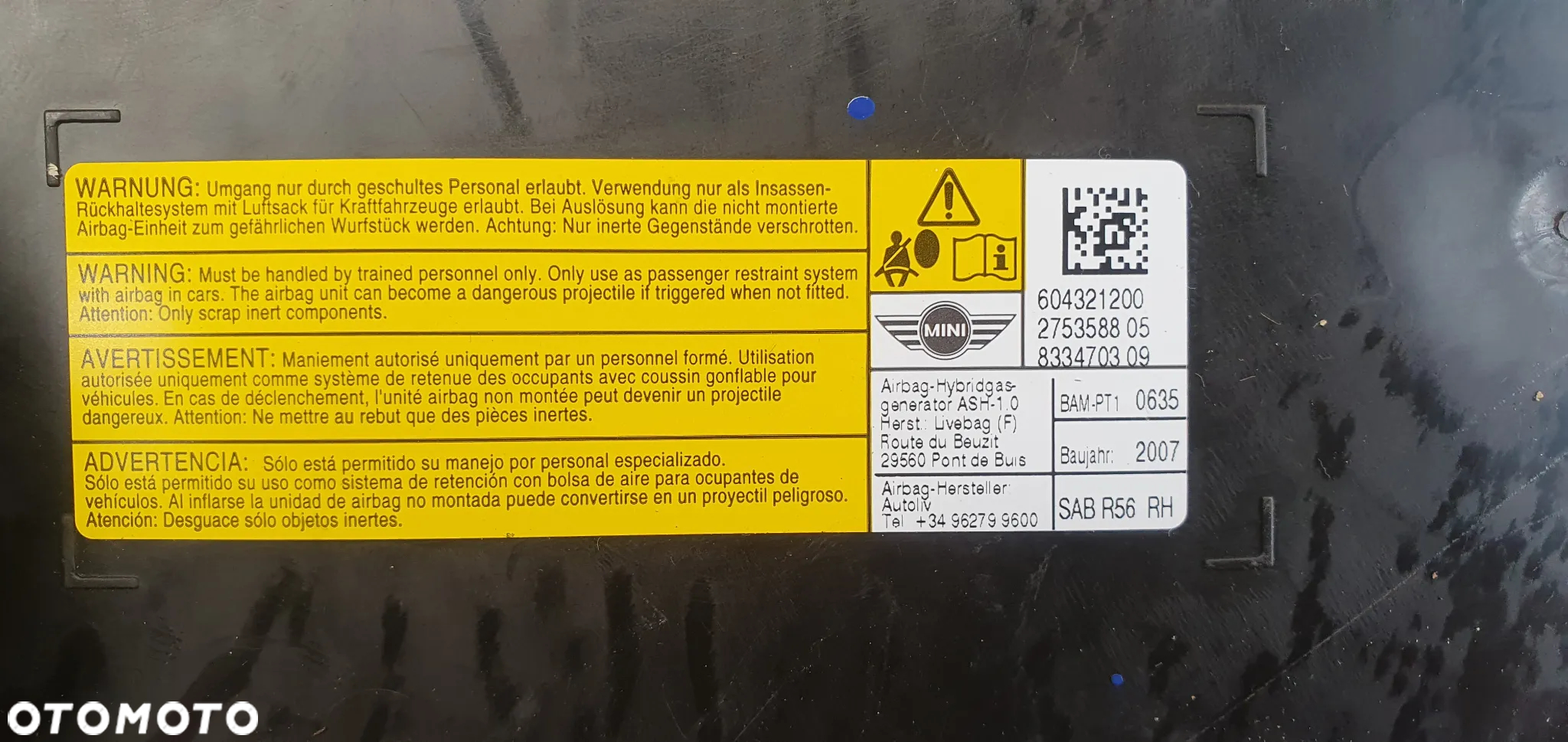 Poduszka fotela prawa pasażera AIRBAG Mini R56 2753588 - 4