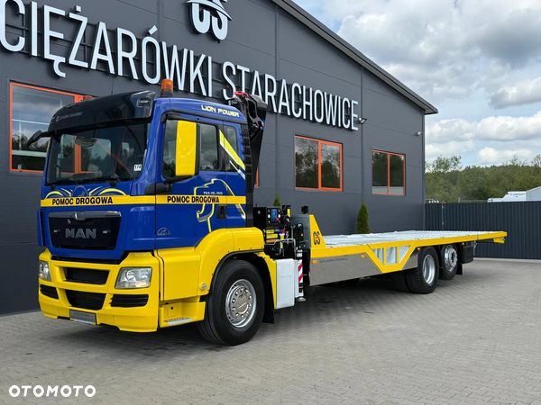 MAN TGS TGX 26.360 E5 laweta uniwersalna 9,36m + Dźwig HDS HMF 1420 K2 / platforma do przewozu kontenerów / pomoc drogowa / platforma / kran krane dzwig hds żuraw