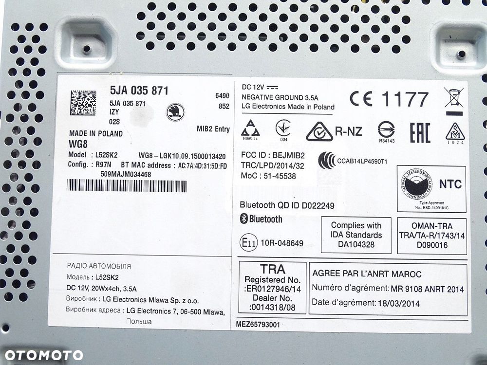 RADIO RADIOODTWARZACZ SKODA RAPID I 5J 5JA035871 - 6