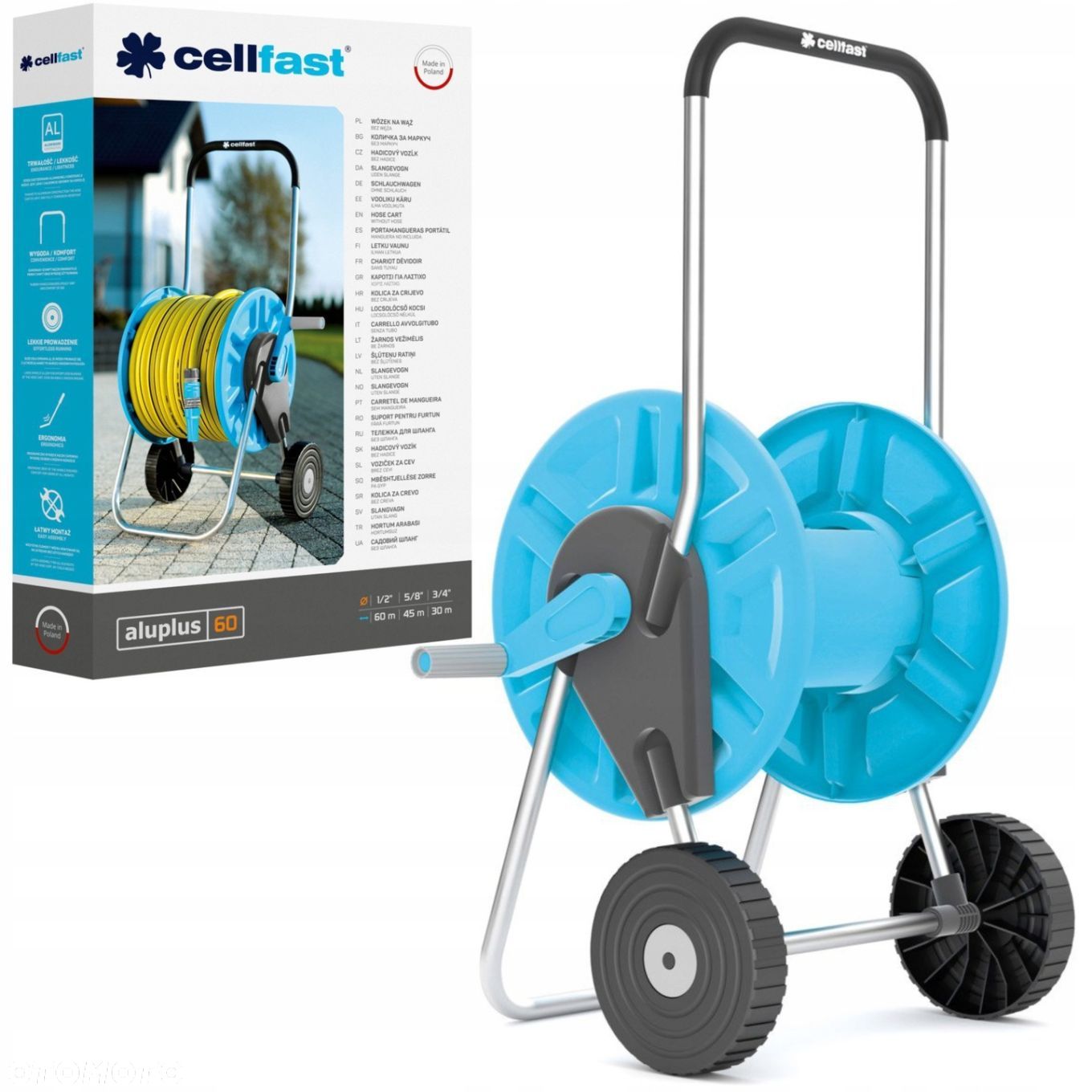 CELLFAST SOLIDNY STOJAK ZWIJACZ BĘBEN WÓZEK WĄŻ OGRODOWY ALUPLUS 1/2" 60M - 1