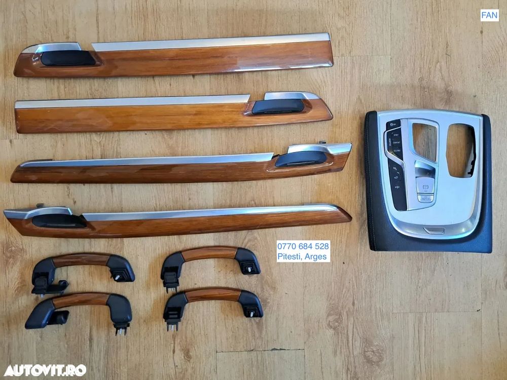 Ornament central schimbator viteze chrome cu piele ecologica Buton Parcare auto hold Panou butoane consola centrala ESP PDC Sport Confort BMW G11+LCI G12+LCI Trim Ornament usa Mahon lemn nuc satinat honigbraun Maner usa stanga dreapta fata spate lemn cu negru Seria 7 F01+LCi F02+LCI - 1